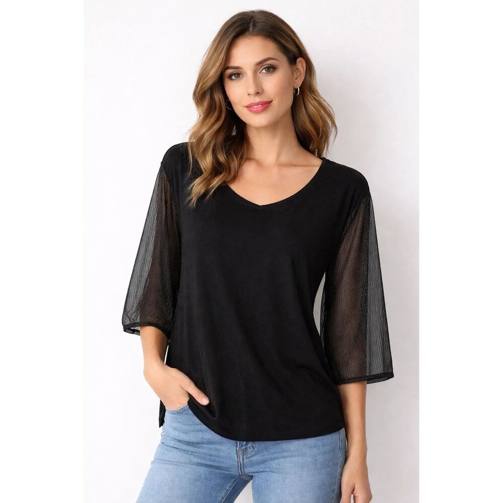 89th Madison Blouse Womens Plus 3X Top Black Sheer Sleeves Shirt Pullover New